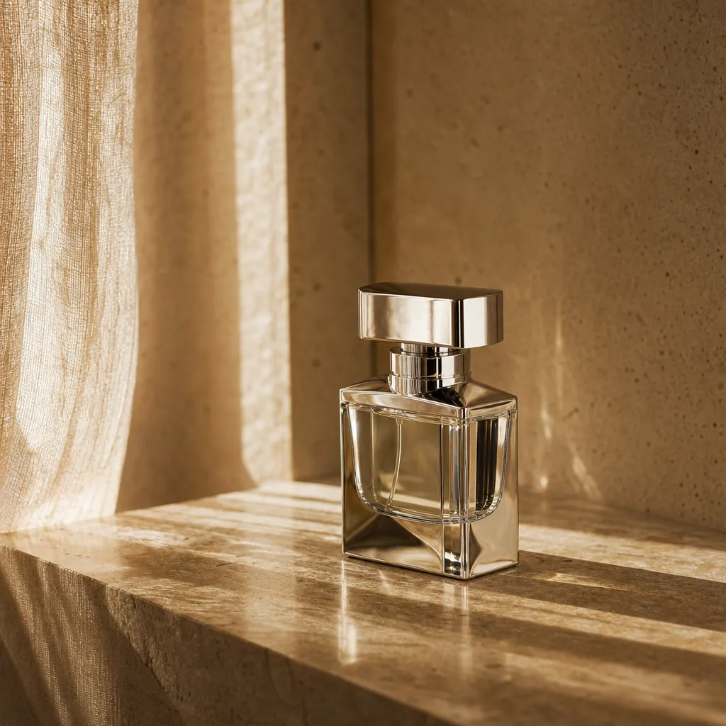 Editorial product render — chrome perfume bottle on travertine