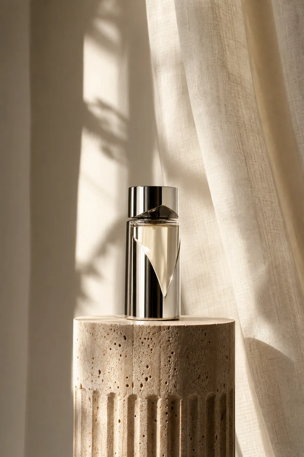 Contamplify — Product Designs render, chrome perfume bottle on travertine column