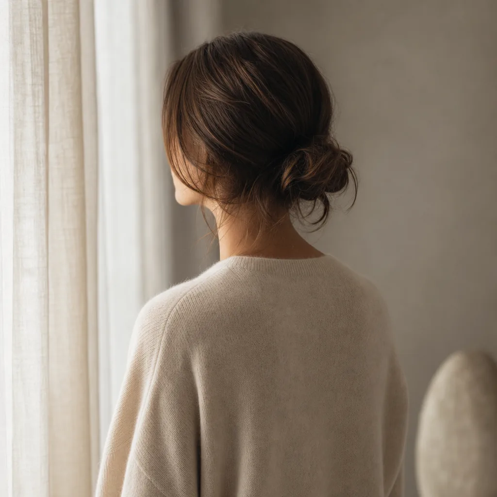 Contamplify — Headshot render, cashmere portrait by linen window