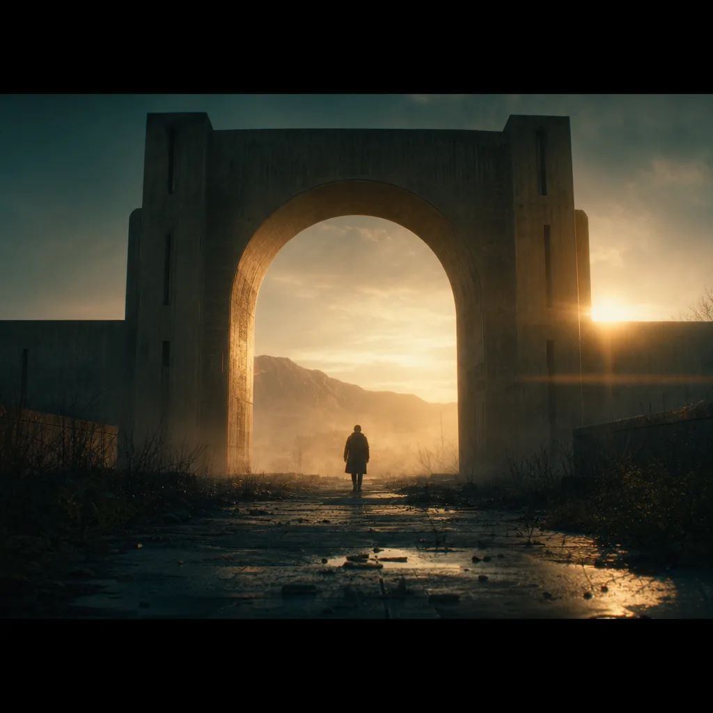 Contamplify — Seedance Video still, cinematic slow-push through concrete archway