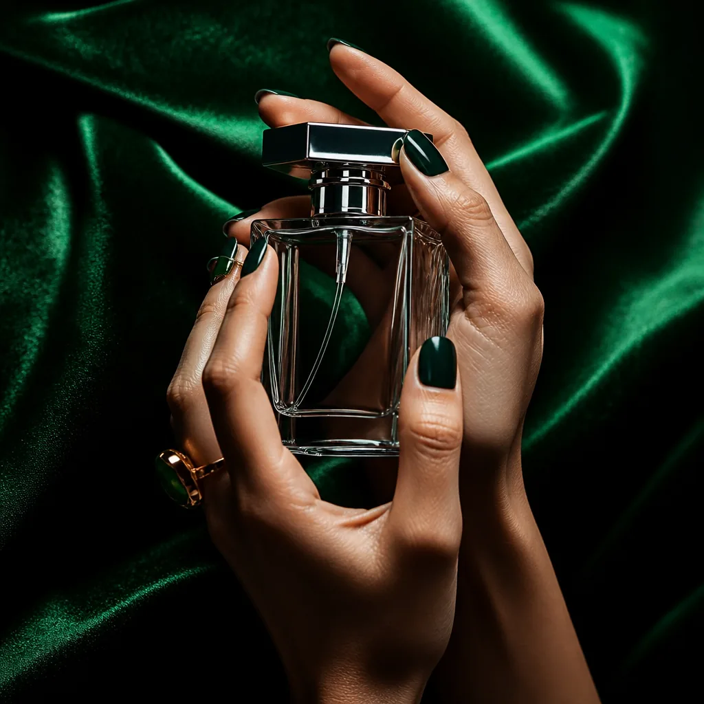 Contamplify — Thumbnail render, chrome bottle against emerald velvet